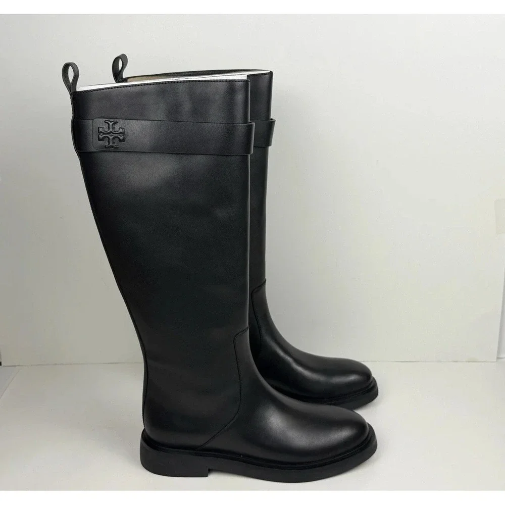 TORY BURCH Double T Utility Boot Women's Size 7 Perfect Black Vachetta Tumbled‎